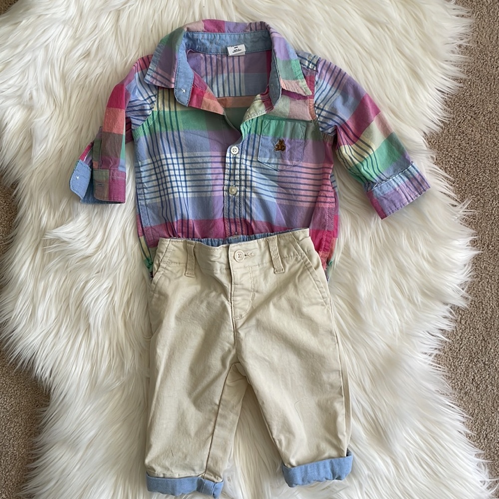 Baby Gap {BUNDLE} plaid pastel button down 3-6 months and khaki cuffed pants